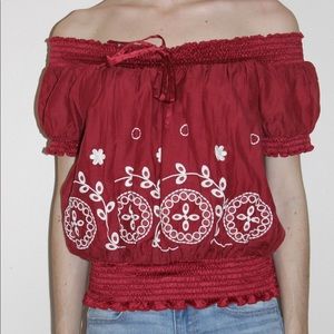 Off-the-Shoulder Blouse with White Embroidery